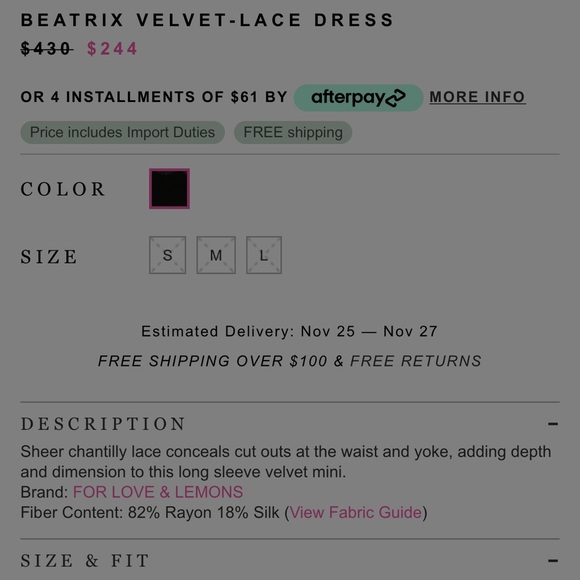 For Love & Lemons long sleeve velvet lace dress - Picture 10 of 10